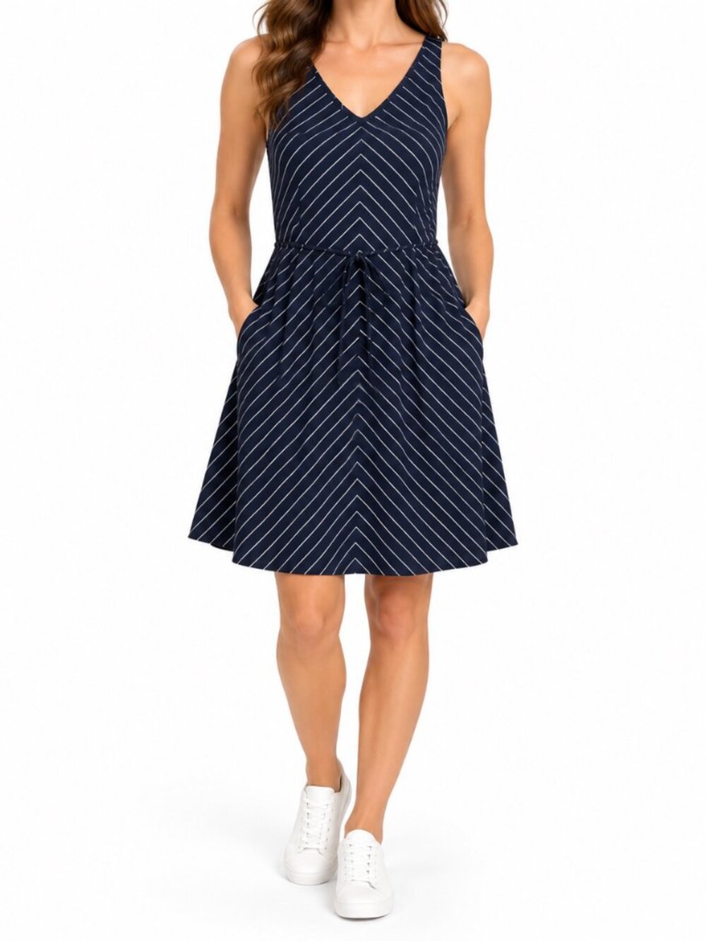 Ann Taylor Women's 4 Navy Blue White Striped Fit Flare Dress Sleeveless A-Line
